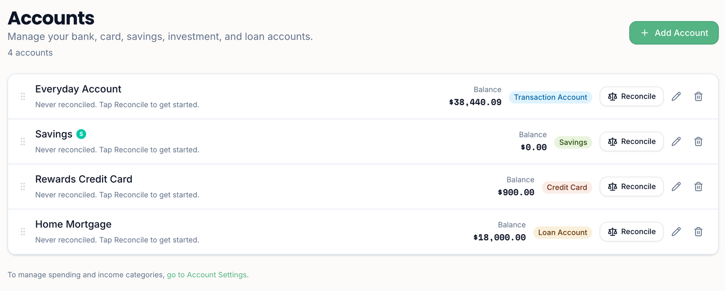ClearBalance accounts list showing everyday, savings, credit card and loan accounts, each with a Reconcile button