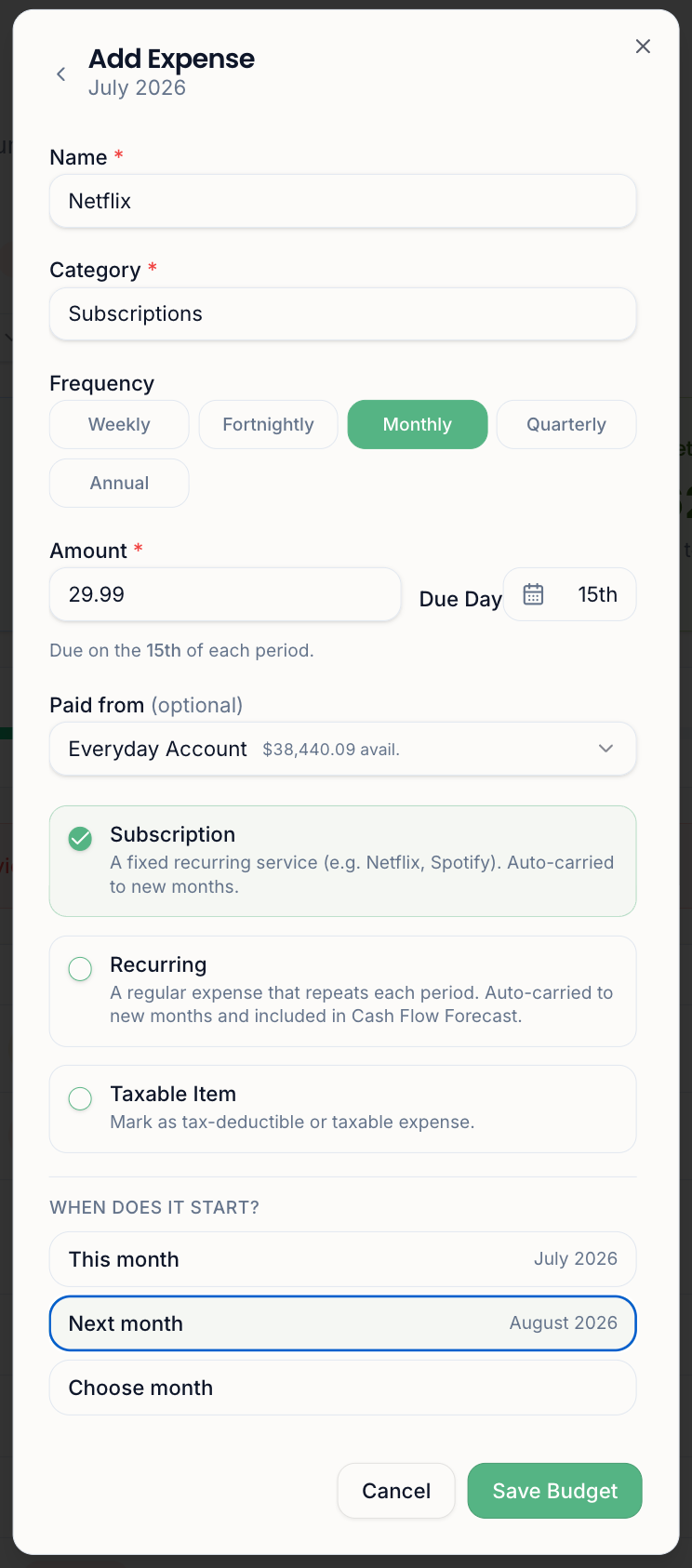 Add budget item dialog showing start timing options for the new budget line