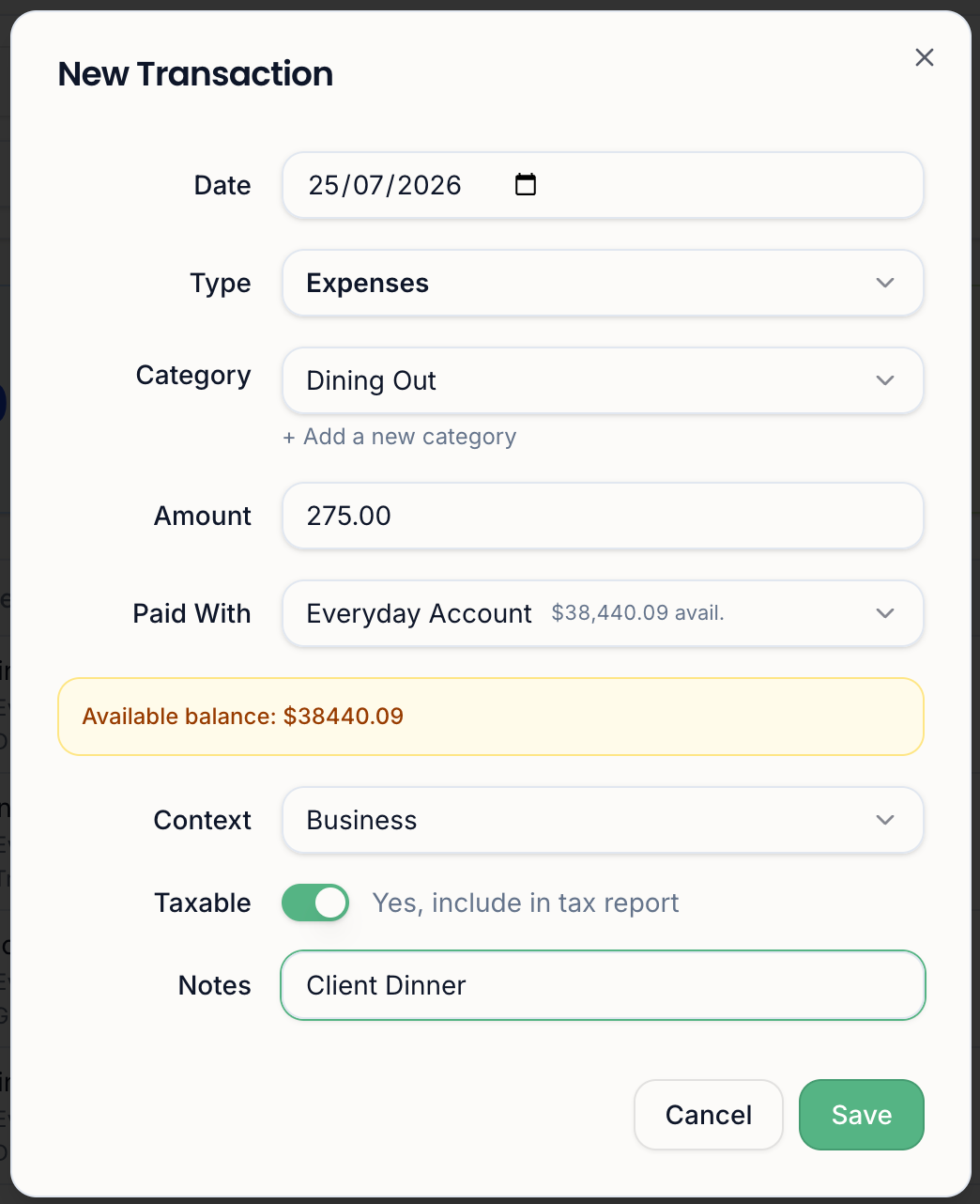 New transaction with context set to Business and taxable switched on, noted as Client Dinner