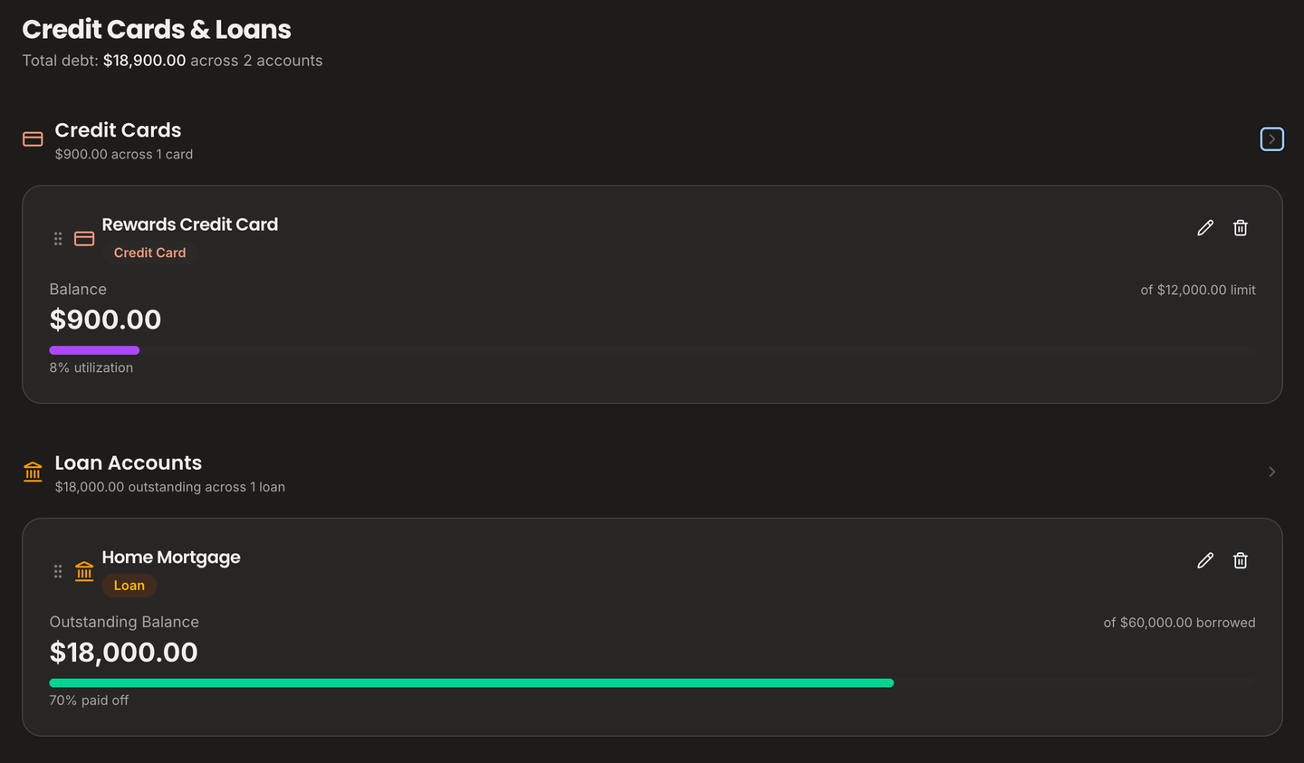 Credit cards and loans view in dark mode with balances and limits