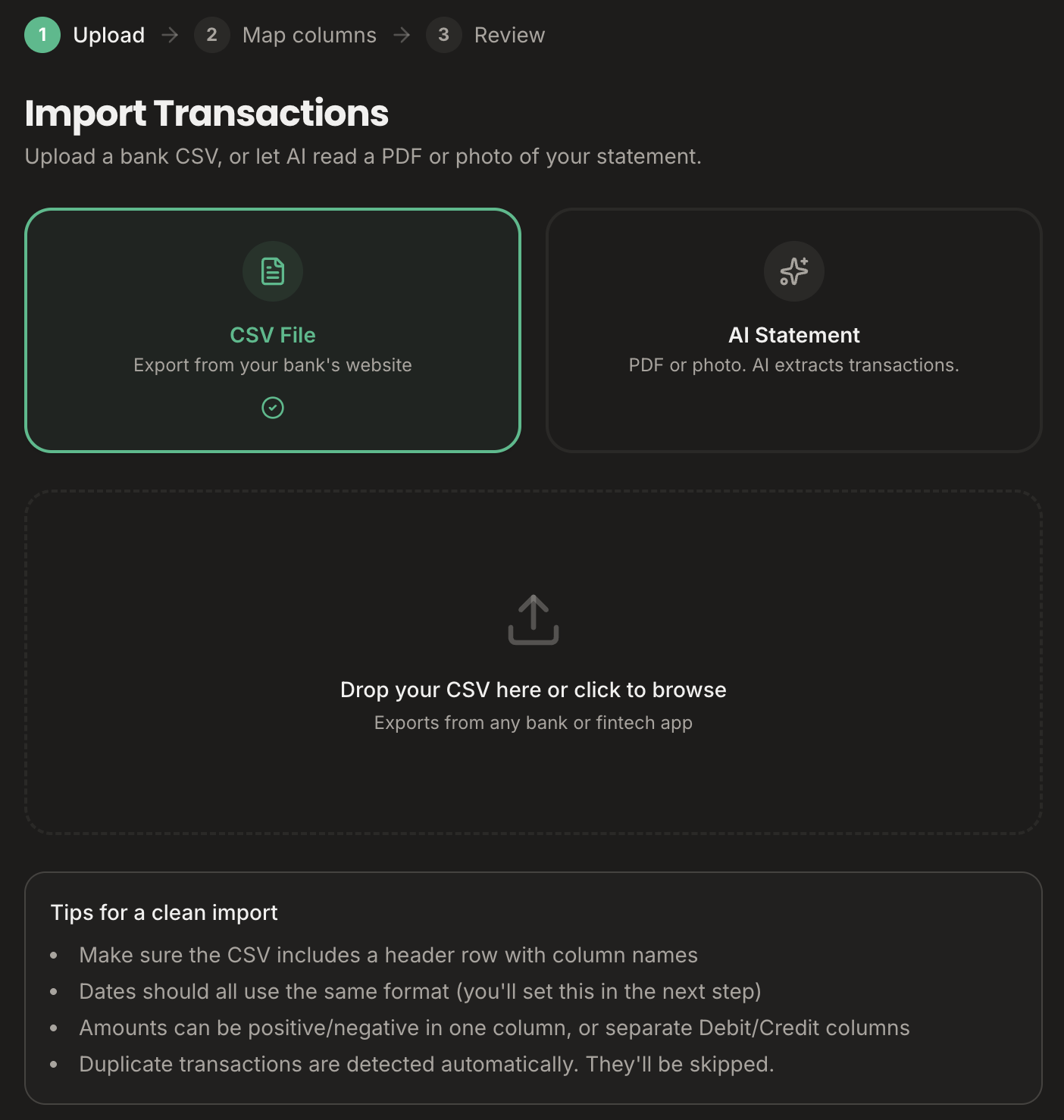 Import Transactions in dark mode with CSV File selected, showing the drop area and a tips for a clean import panel