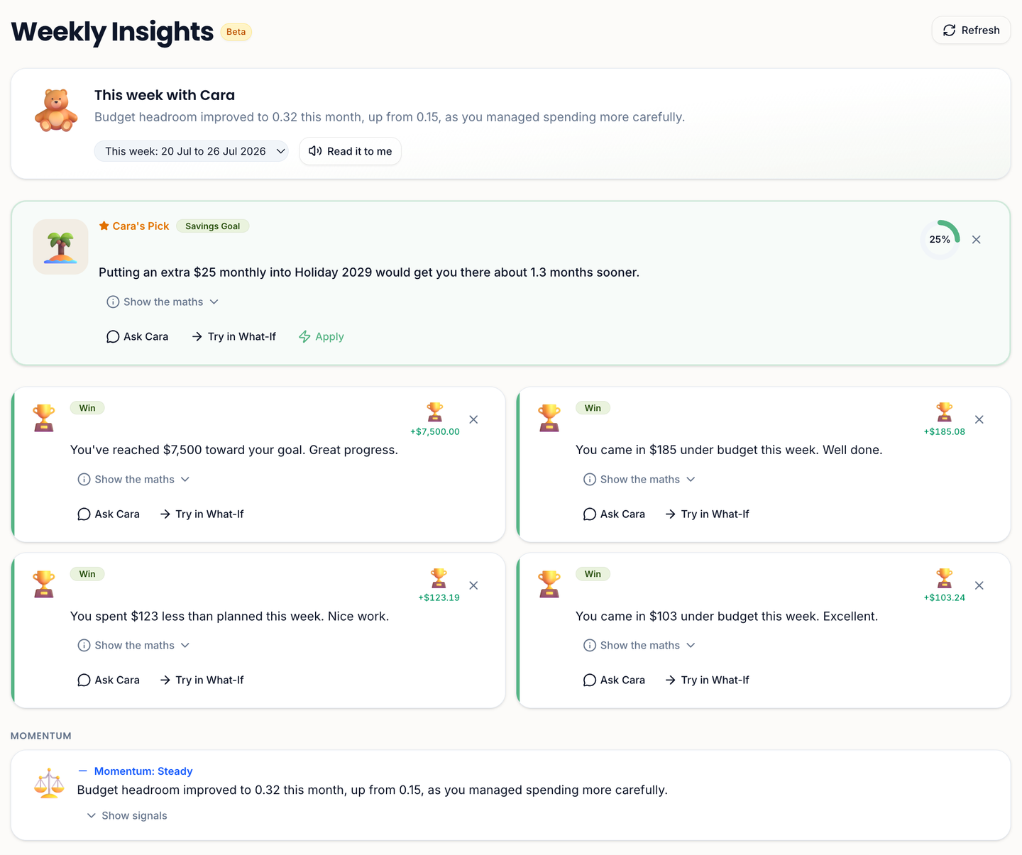 ClearBalance Weekly Insights showing This week with Cara, Cara’s Pick and win cards with Show the maths