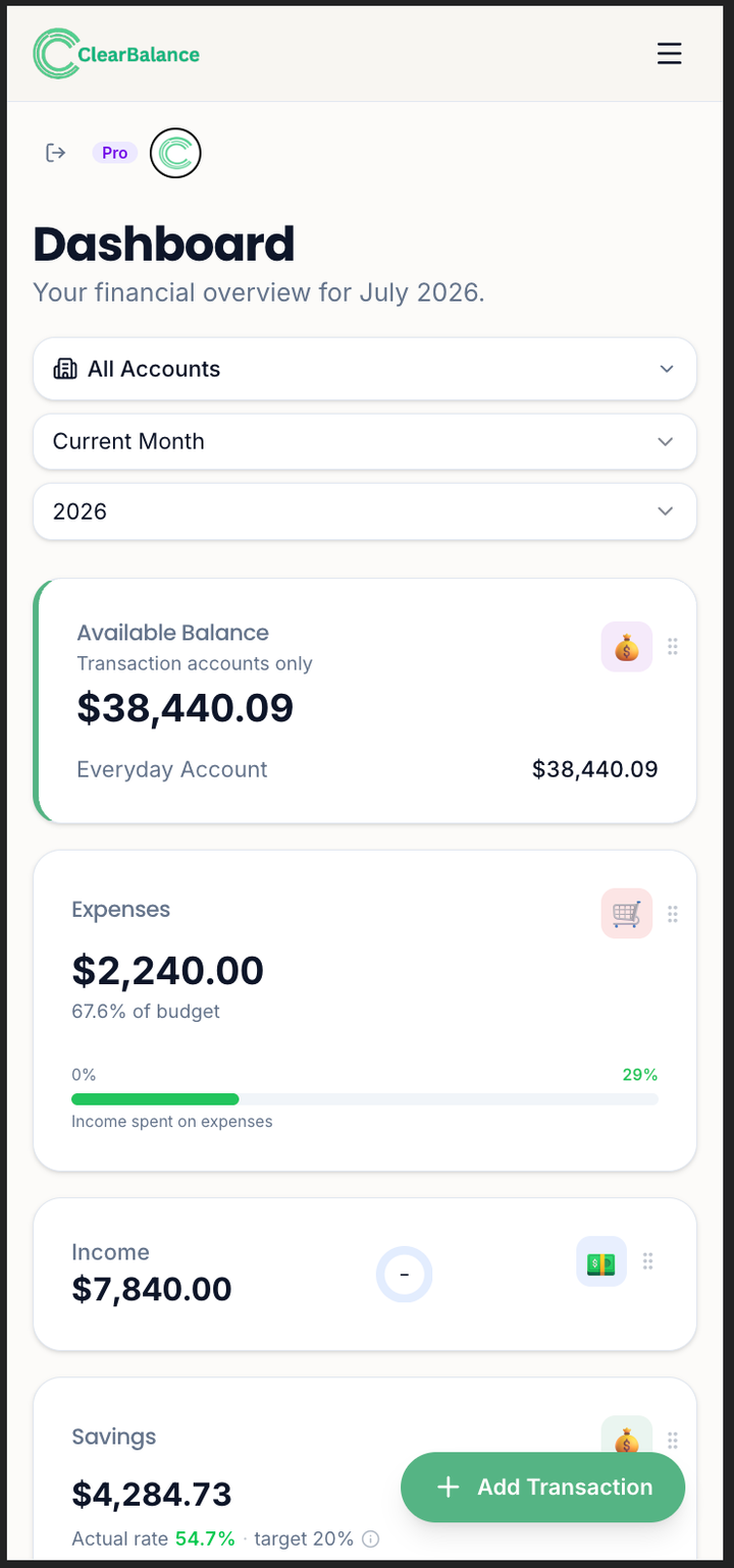 ClearBalance dashboard on a phone