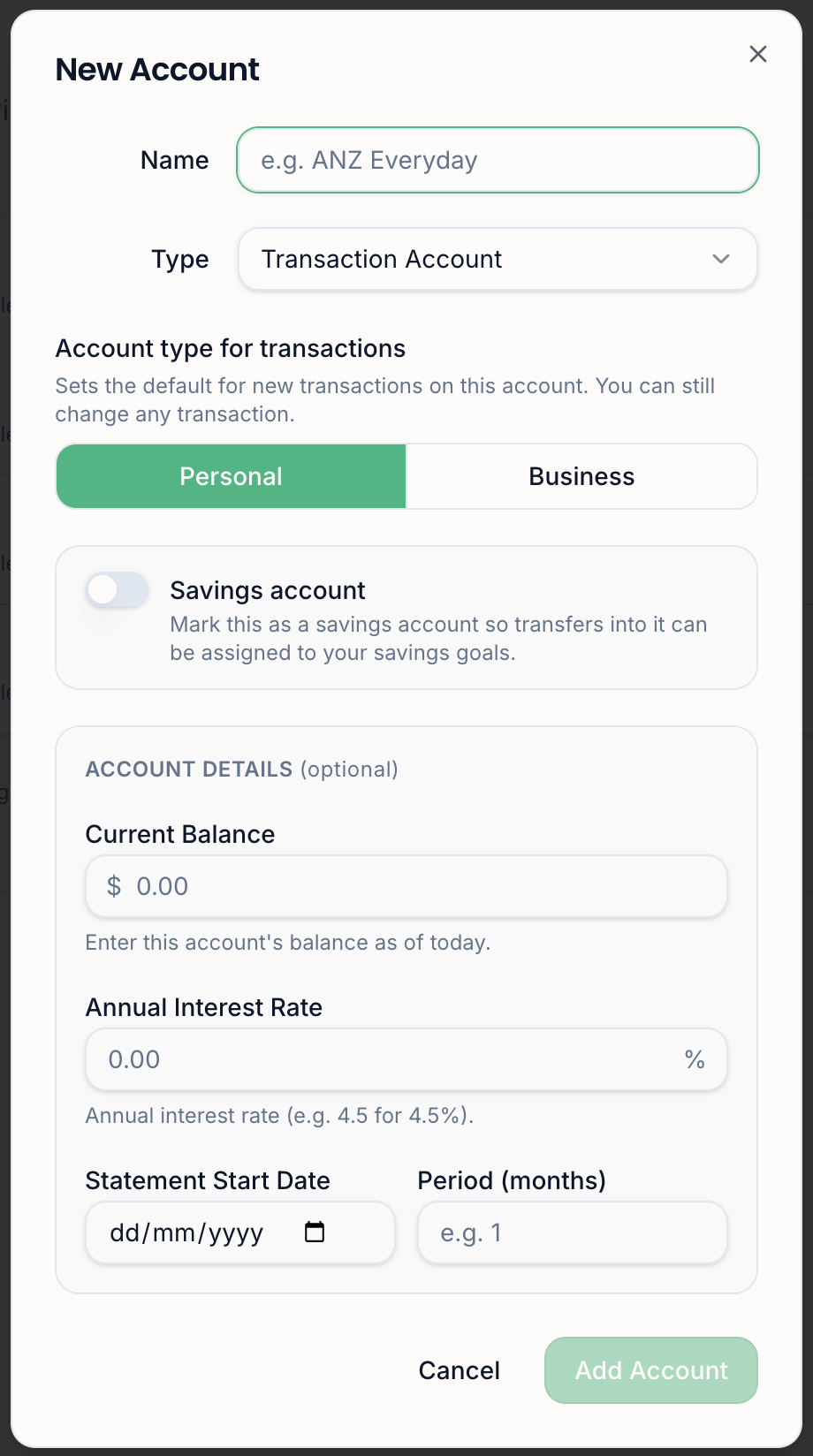 Add account form with account type and starting details