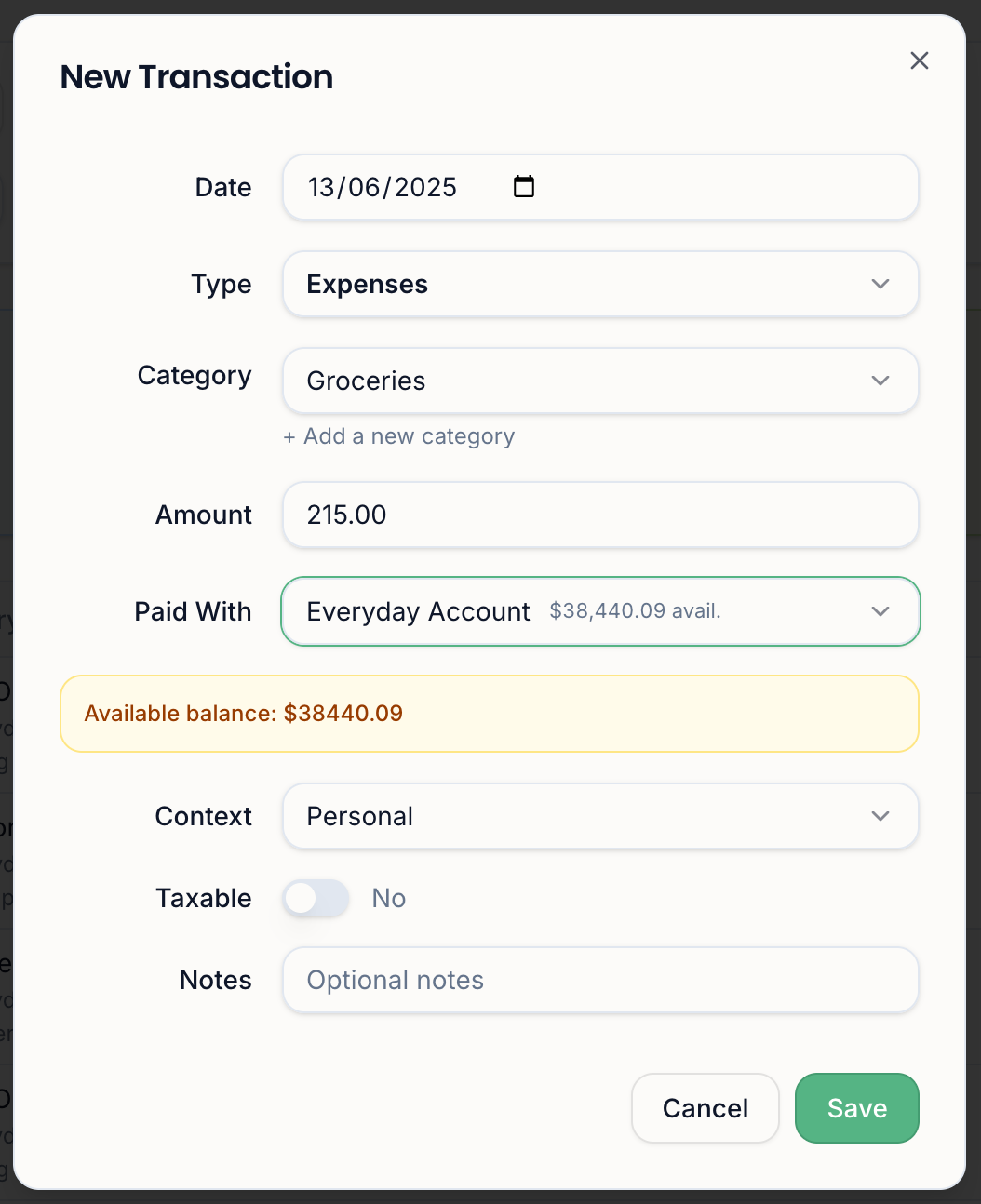 New transaction dialog with type, category, paid with, available balance, context and taxable options