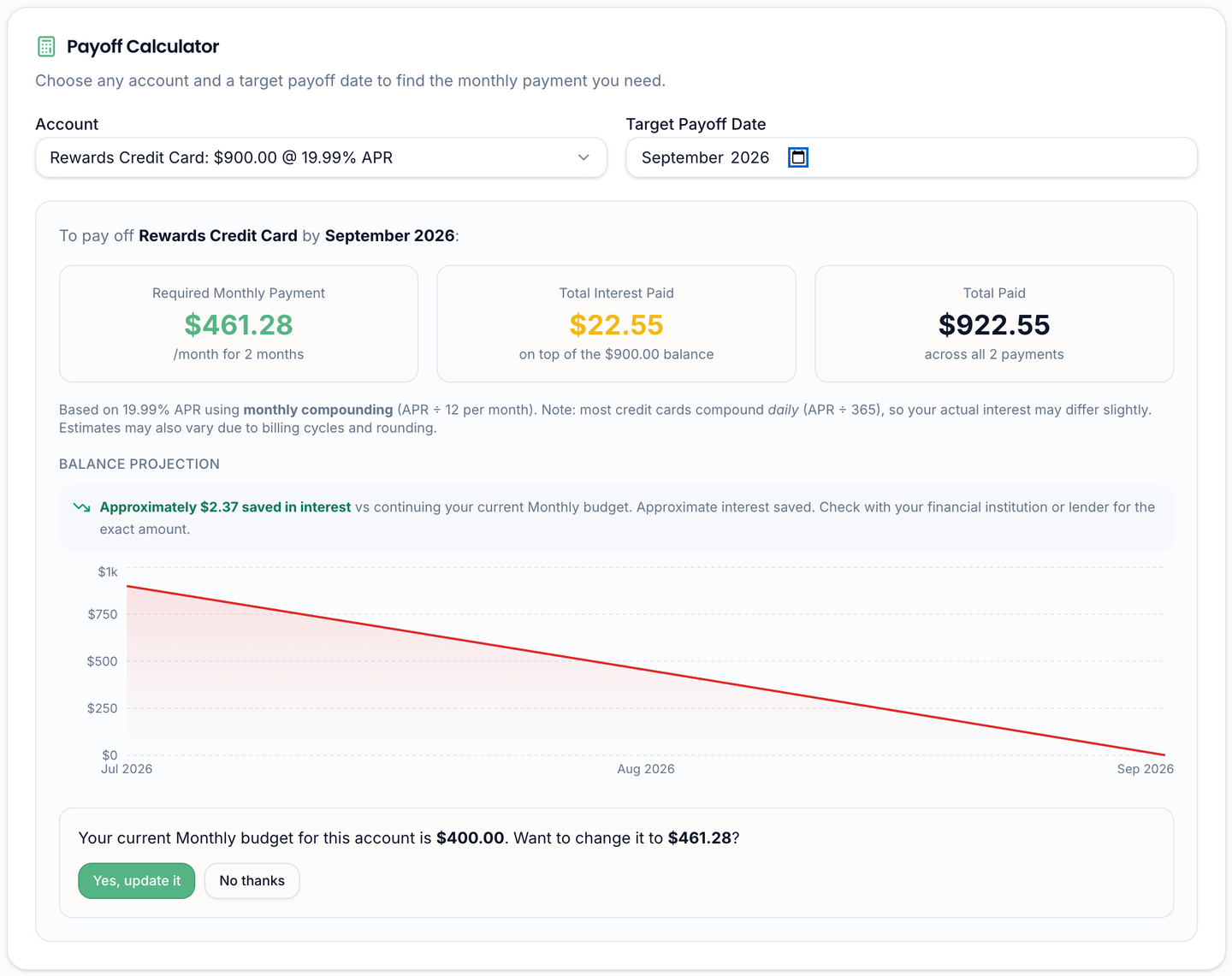 Payoff calculator with an account and target payoff date, the required monthly payment, total interest, total paid and a balance projection chart