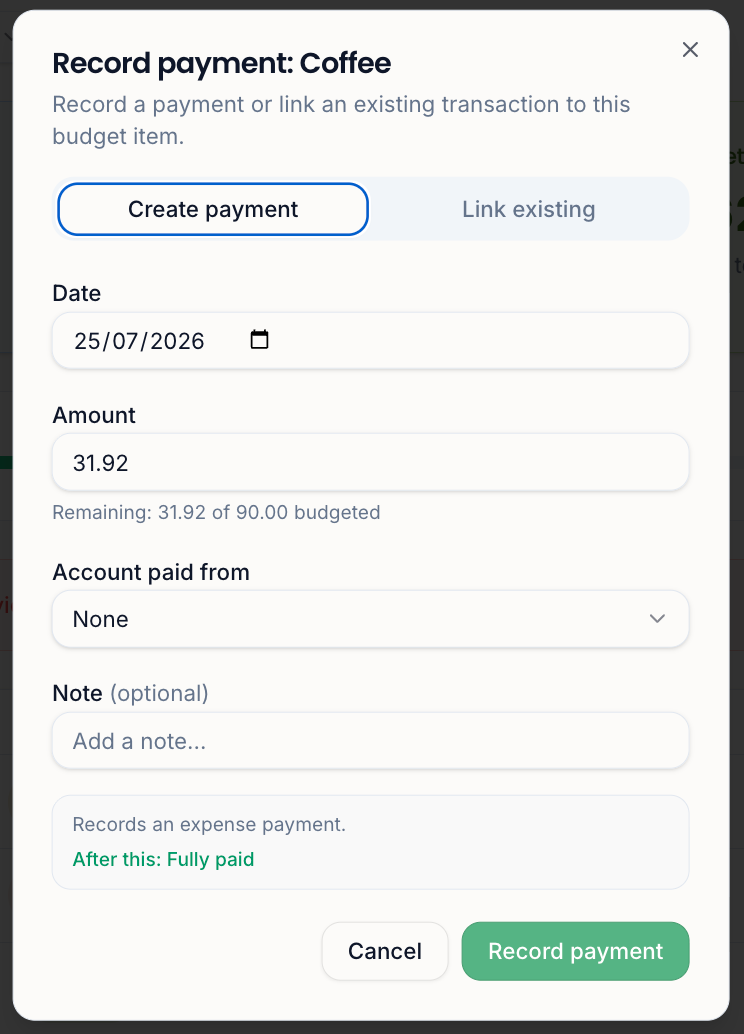 Record payment dialog for a budget line with create payment or link existing, date, amount with remaining shown, account paid from and an after this fully paid summary