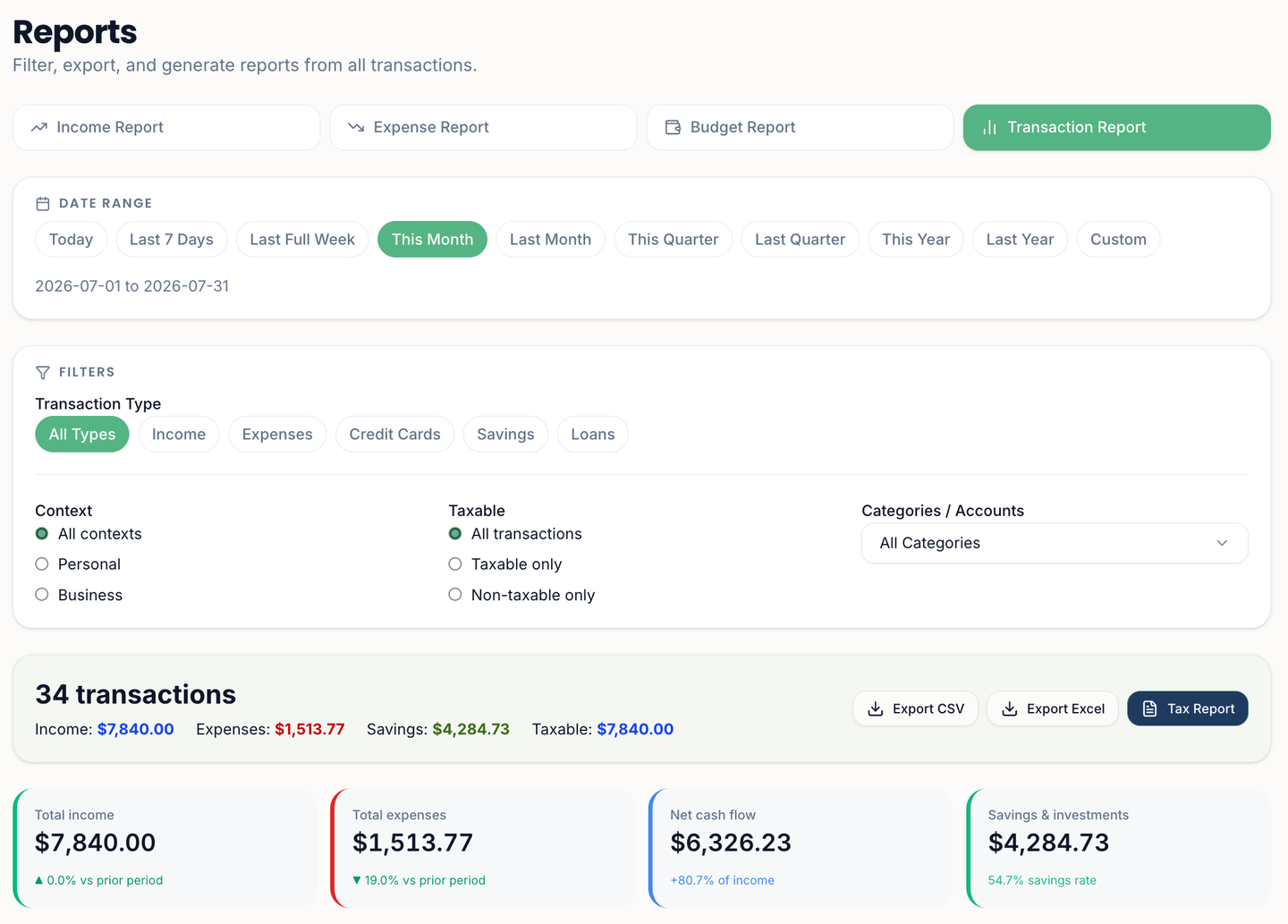 Reports screen with report type, date range, filters, totals and CSV, Excel and tax report export buttons