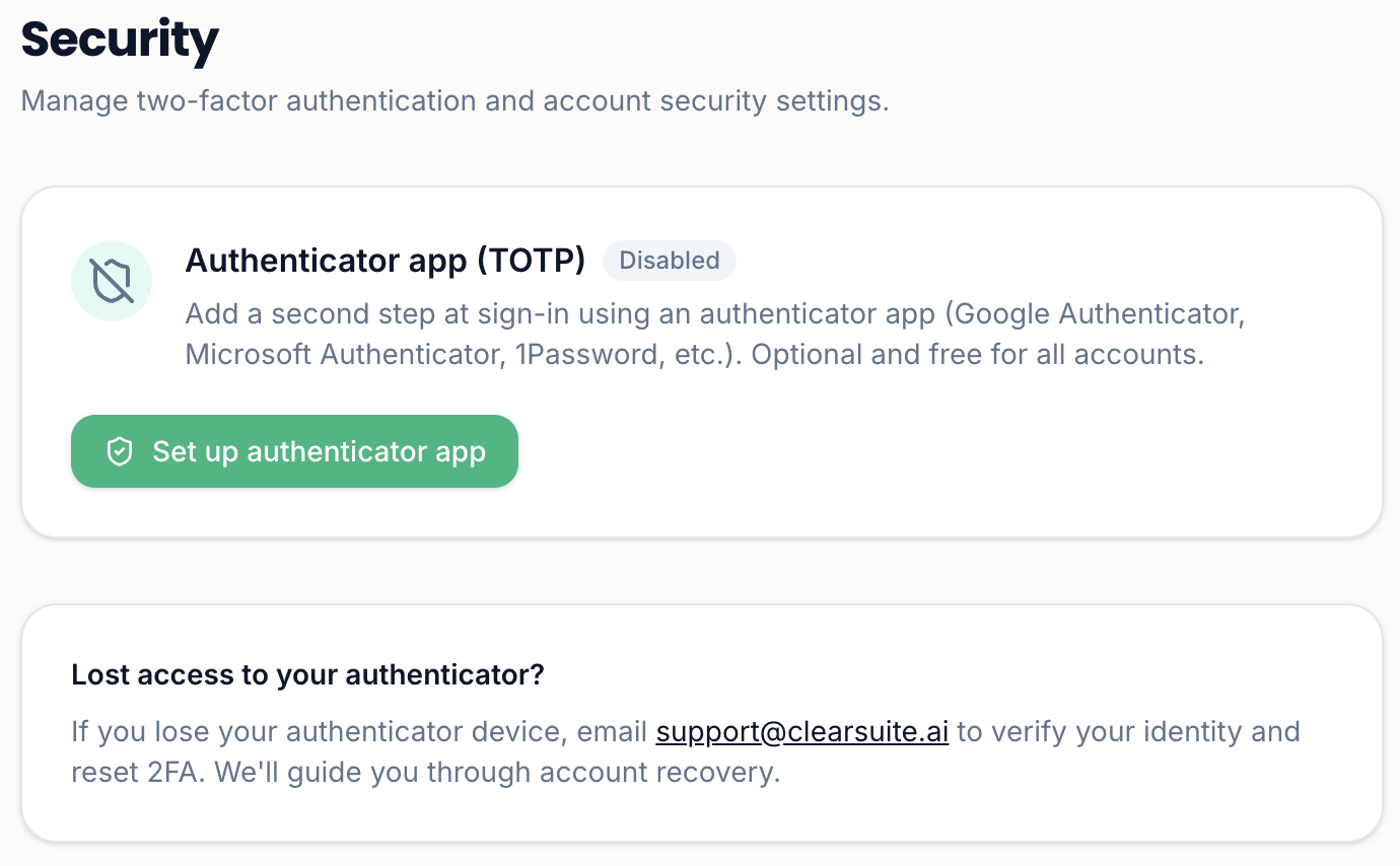 ClearBalance Security page offering an authenticator app using TOTP, noted as optional and free for all accounts, with guidance if you lose your device