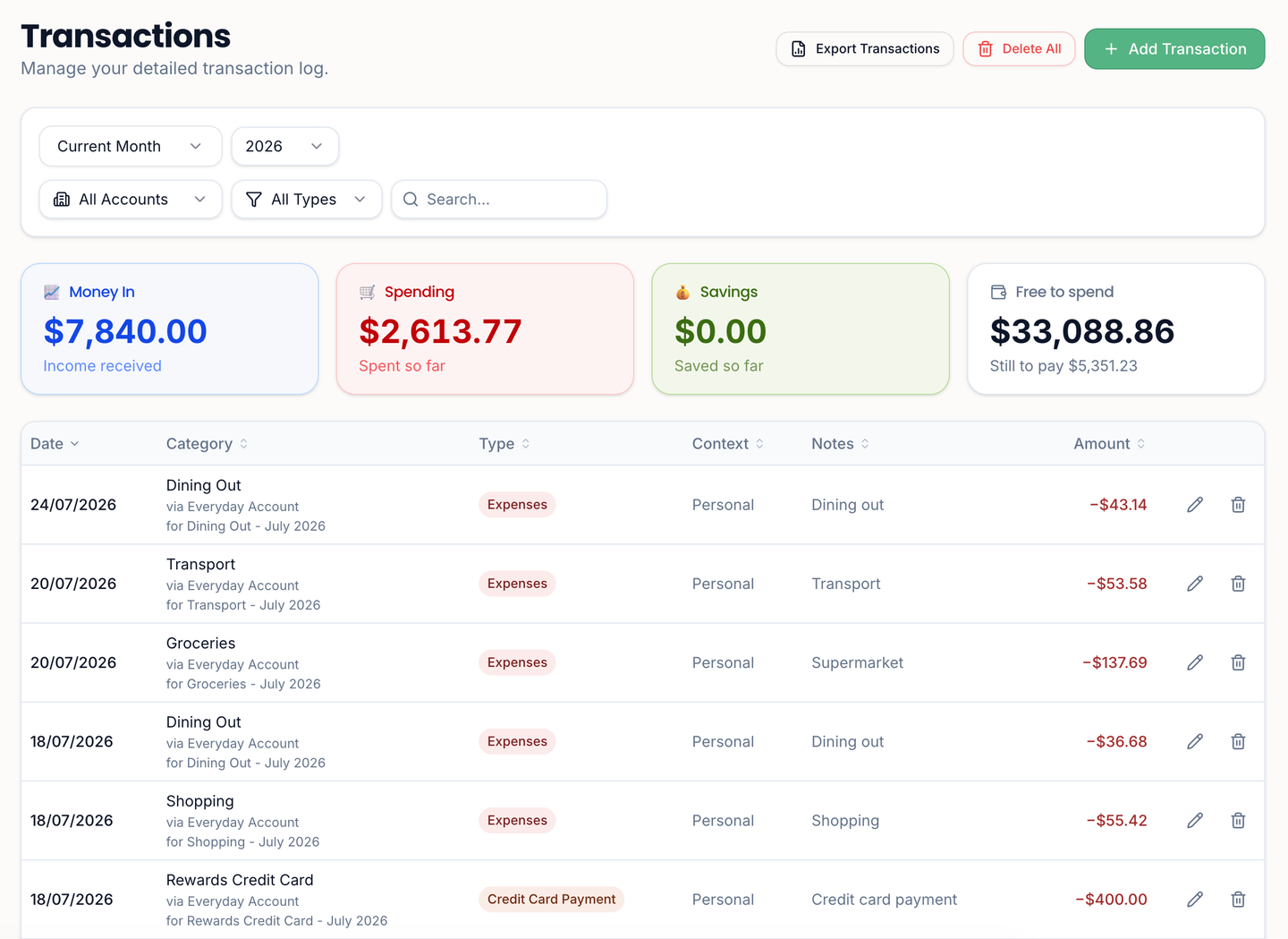 Transactions list with Money In, Spending, Savings and Free to spend tiles