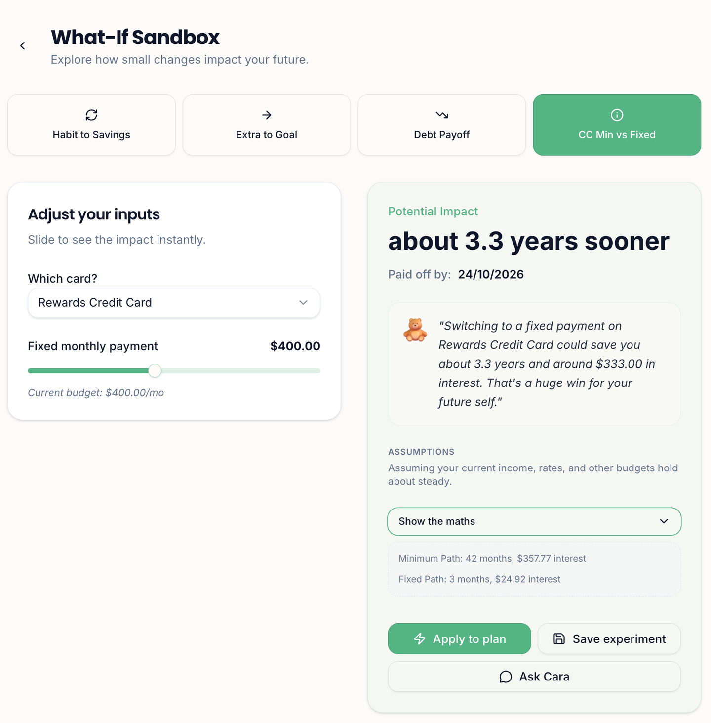 What-If Sandbox using the CC Min vs Fixed lever, showing a credit card paid off about 3.3 years sooner